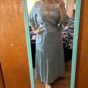 SHEIN Blue Maxi Dress with Floral Embroidery